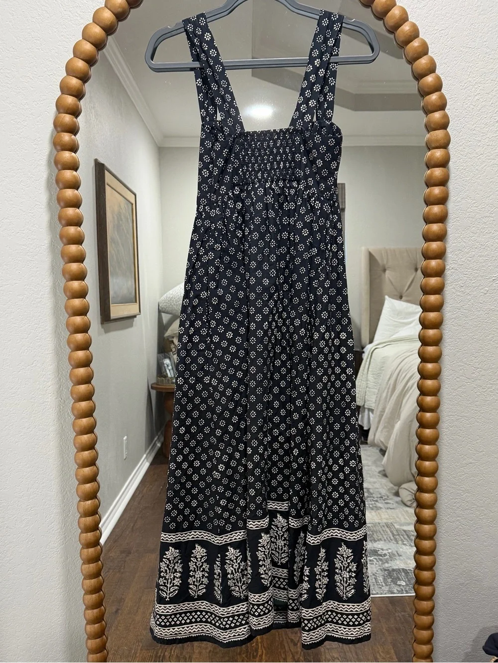 J. Crew Black Printed Square-Neck Midi Dress
